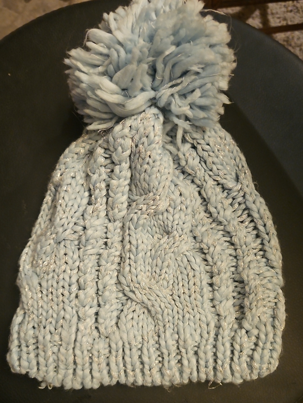Light Blue Cable Knit Pom Beanie - Women's Winter Hat